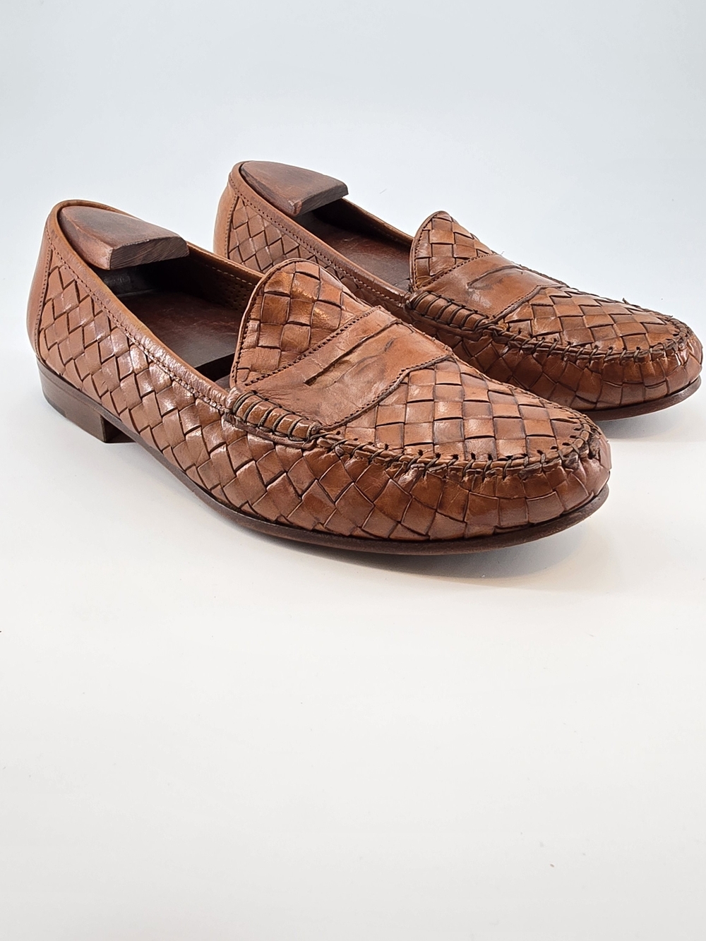 Allen Edmonds Woven Leather Penny Loafers in Cognac Brown
